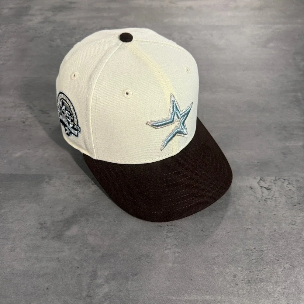 Hat Club Houston Astros New Era Hat 7 1/8 59FIFTY Off White Brown Metallic Blue